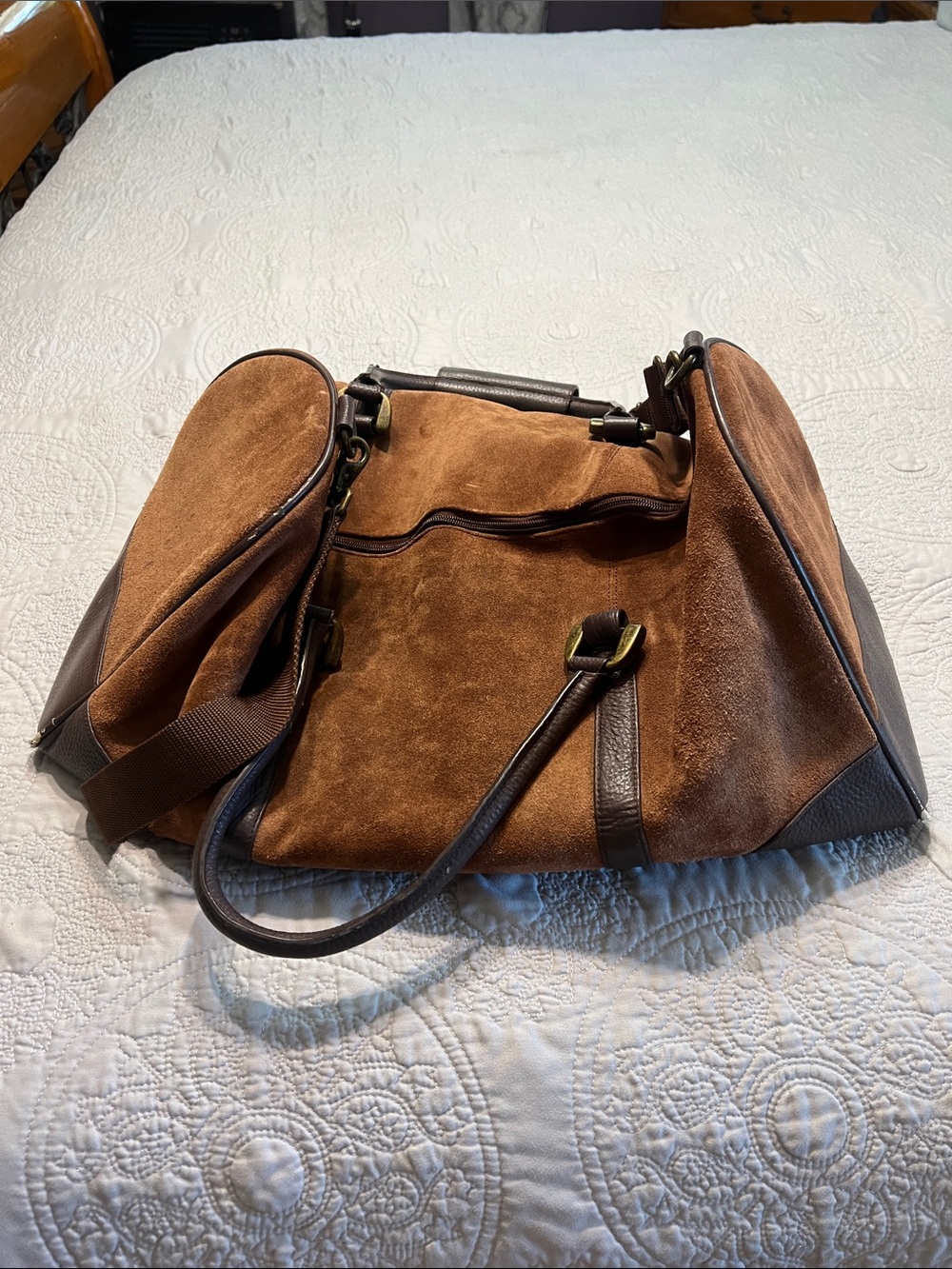 Vintage Brown Suede Travel Weekender Bag with Dark Trim